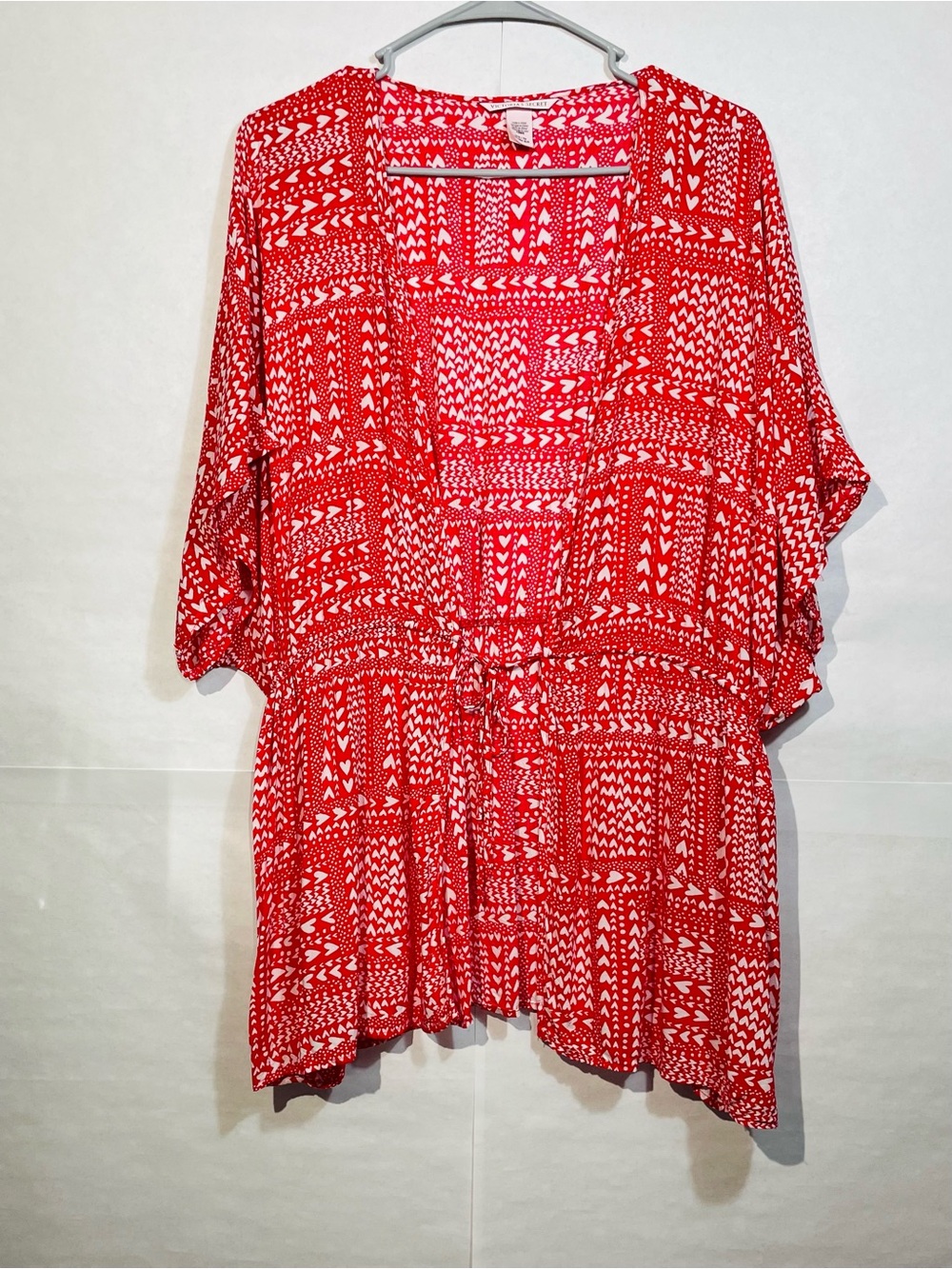 Victoria's Secret One Size Silky Soft Red & White Heart Kimono Tunic GUC